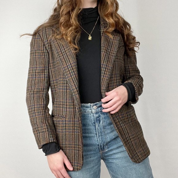 Vintage Jackets & Blazers - Vintage Preppy Oversized Wool Houndstooth Tweed Plaid Long Blazer Jacket Coat